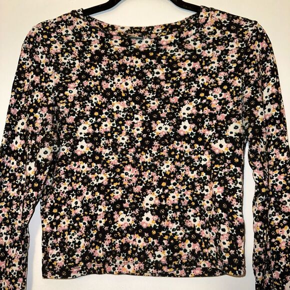 Wild Fable Cropped Long Sleeve Shirt Black Pink White Floral Ribbed Medium GUC - Picture 2 of 10